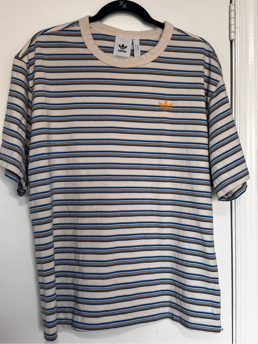adidas Cream Striped Short Sleeve Tee with Blue Stripes